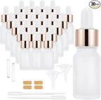 30 Pack 10ml Frosted Glass Dropper Bottles for Essential Oils, 1/3oz Eye Dropper Bottles with Rose Golden Caps for Travel, Mini Empty Glass Tincture Vials with Droppers, Funnels & 30 Labels