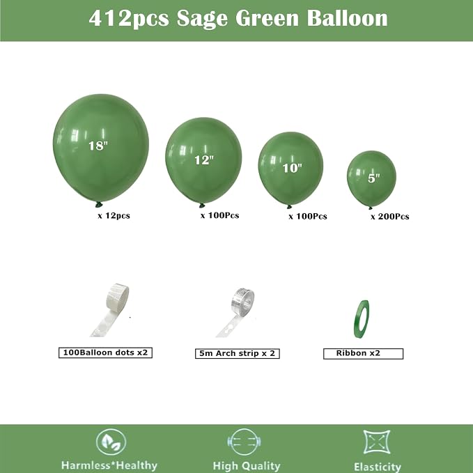 412pcs Sage Green Balloon Garland Arch Kit 18 12 10 5 Inch Different Sizes - Image 2