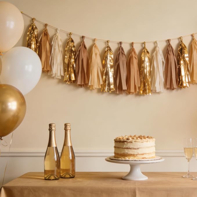 Gold and Tan Ivory Tissue Paper Tassels Party Tassel Garland Banner - Image 4