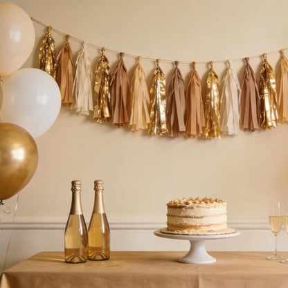 Gold and Tan Ivory Tissue Paper Tassels Party Tassel Garland Banner - Image 4