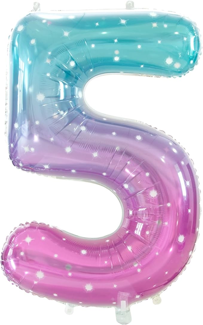 Number 5 Foil Balloon with Crown, 40-Inch Gradient | Gradient star print number by GifloonOfficial