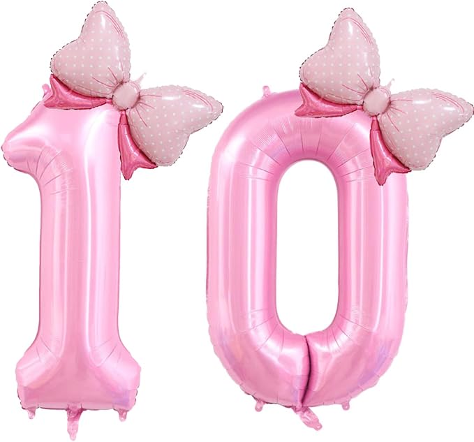 40 inch Number 10 Balloon with Bow Pink Happy Birthday Jumbo Number Balloons by OIBUTUR