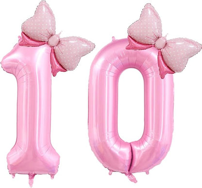 40 inch Number 10 Balloon with Bow Pink Happy Birthday Jumbo Number Balloons by OIBUTUR