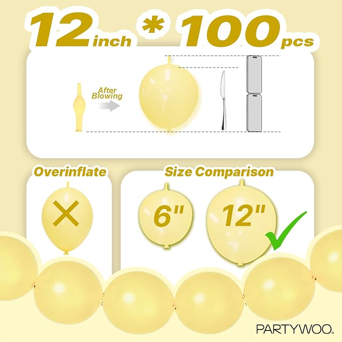 PartyWoo Pastel Yellow Linking Balloons 100pcs 12 Inch Yellow Link Balloons | - Image 4