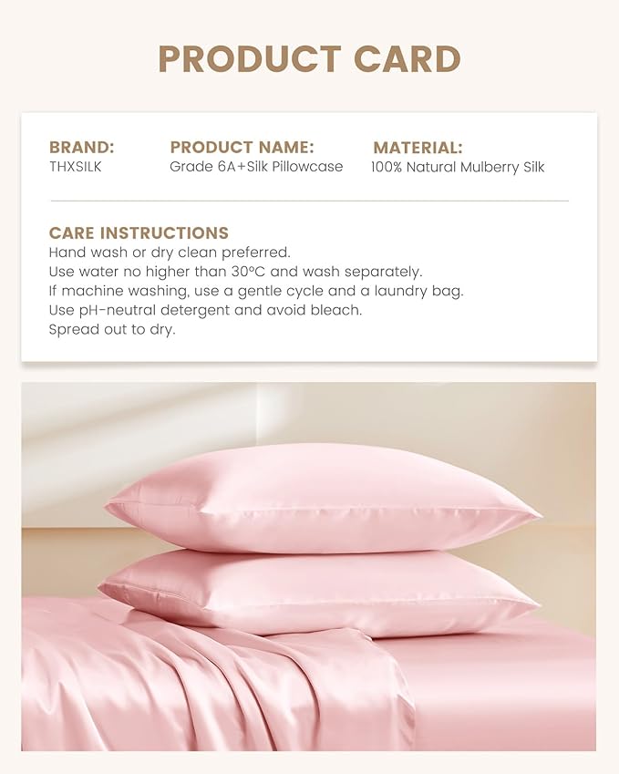 THXSILK Set of 2 100% Mulberry Silk Pillowcase for Hair and Skin Health, Soft Breathable and Smooth Pillowcases with Hidden Zipper, Both Sides Premium 6A+ Silk, California King 20"x40", Pink