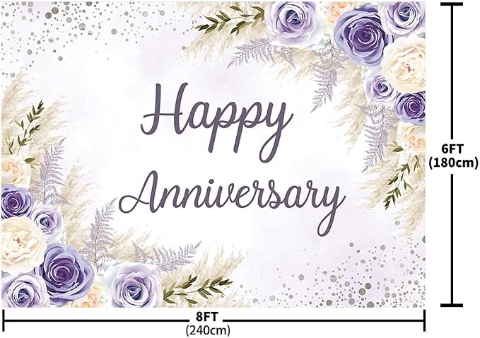 MEHOFOND Boho Happy Anniversary Backdrop Purple Floral Bohemia Pampas Grass - Image 4