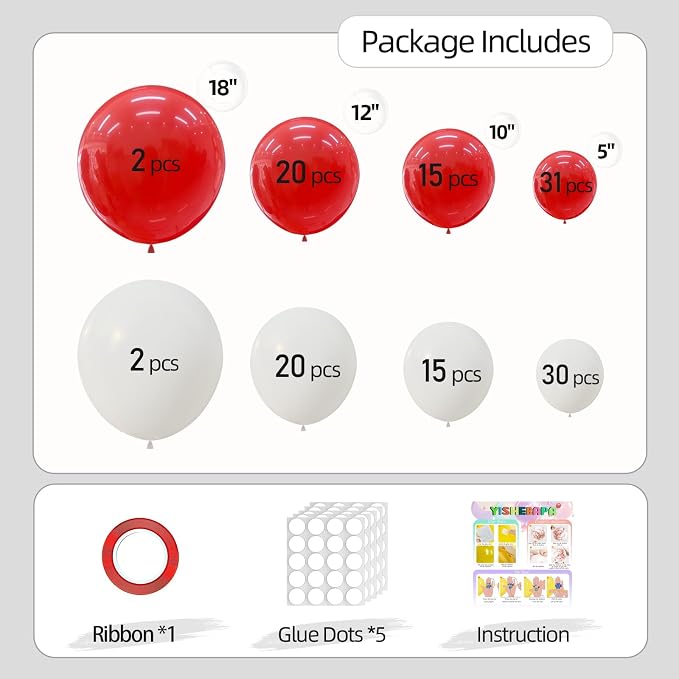 Red and White Balloons Different Sizes 135pcs 18 12 10 5 Inch Red Balloon Arch - Image 2