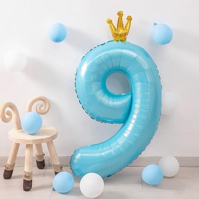 Blue Number 9 Balloon with Crown, 40 inch Blue Number Balloon 9th Birthday - Image 3