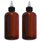 BRIGHTFROM Twist Top Applicator Bottles, 8 OZ Amber, Squeeze Empty Round Plastic Bottles, BPA-Free, PET, Refillable, Open/Close Nozzle (Black) - Multi Purpose (Pack of 2)