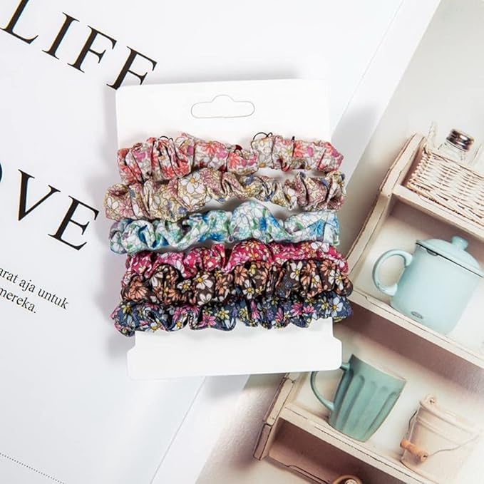 12Pcs Thin Floral Hair Ties, Soft Hair Scrunchies Elastic Hair Bands Floral Solid Ropes Ponytail Holder Stocking Stuffers for Women Girls