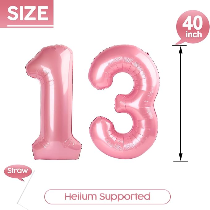 13 Balloon - Pastel Pink Birthday Number Balloons, 40 Inch Decorations | Pastel - Image 5