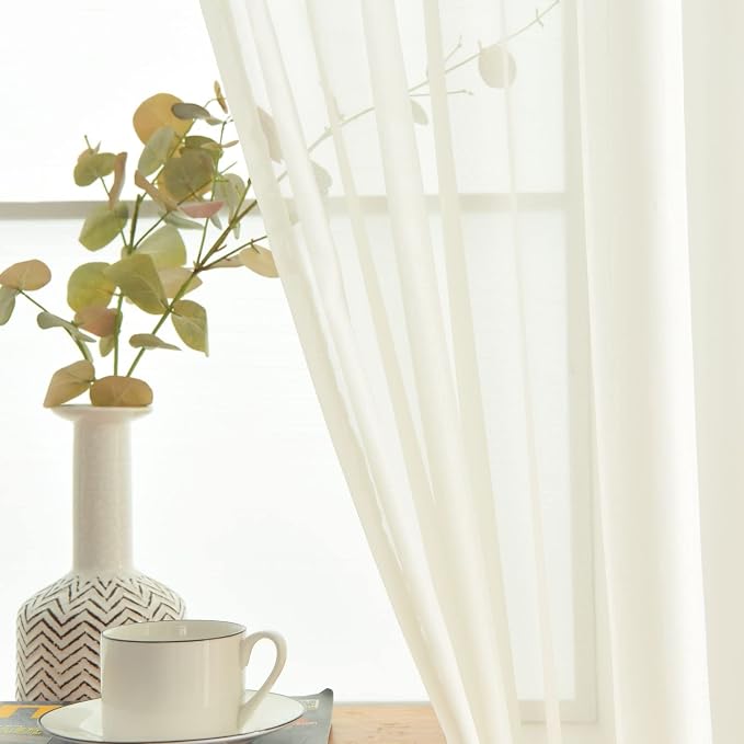 SpaceDresser Basic Rod Pocket Sheer Voile Window Curtain Tiers Ivory 2 Panels - Image 4