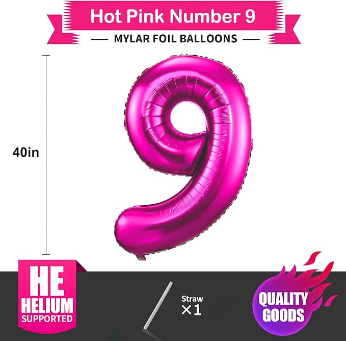 9 Balloon Number Hot Pink 9 Birthday Balloon 40 inch Foil Mylar Large 9 Balloon - Image 2
