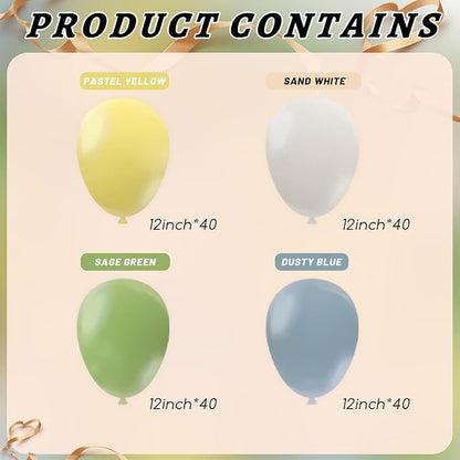 160Pcs 12 Inch Sage Green Dusty Blue Yellow Latex Balloons - Image 2