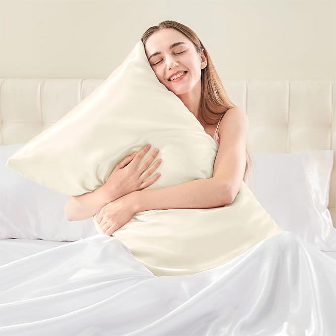 BEDELITE Satin Pillowcase with Zipper, Beige Pillow Cases Queen Size Set of 2, Super Soft and Cooling Similar to Silk Pillow Cases, Gift for Women Men(20x30 Inches)