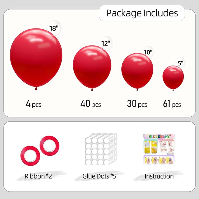 135pcs Red Balloon Arch Kit Different Sizes of 18 12 10 5 Inch Red Party - Image 2