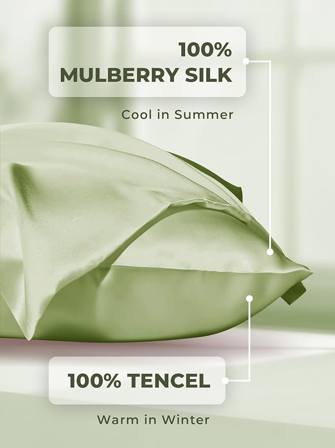 Mulberry Silk Pillowcase for Hair and Skin, SGMSILK 22 Momme Natural Silk Pillow Cases with Zipper, 6A Soft and Smooth Single Sided Pure Silk Pillow Cover (Matcha, Queen 20"x30")