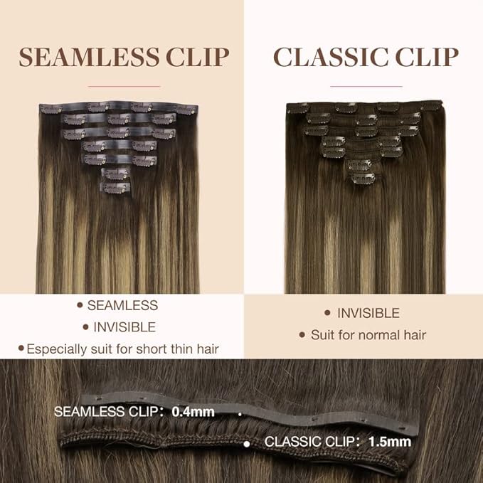 GOO GOO Clip in Hair Extensions Real Human Hair, Remy Human Hair Extensions Clip ins for Women, Natural Human Hair, 22inch 110g 7Pcs, 4/27/4 Balayage Chocolate Brown to Caramel Blonde