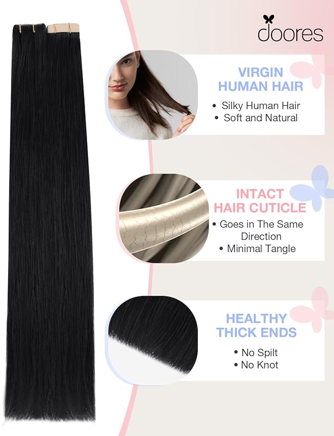 DOORES Seamless Human Hair Extensions Tape in Invisi Edge, Jet Black 10 Injection Tape-ins with 10 Classic Tape-ins 50g 20 Inch, Injection Tape in Extensions Virgin Human Hair