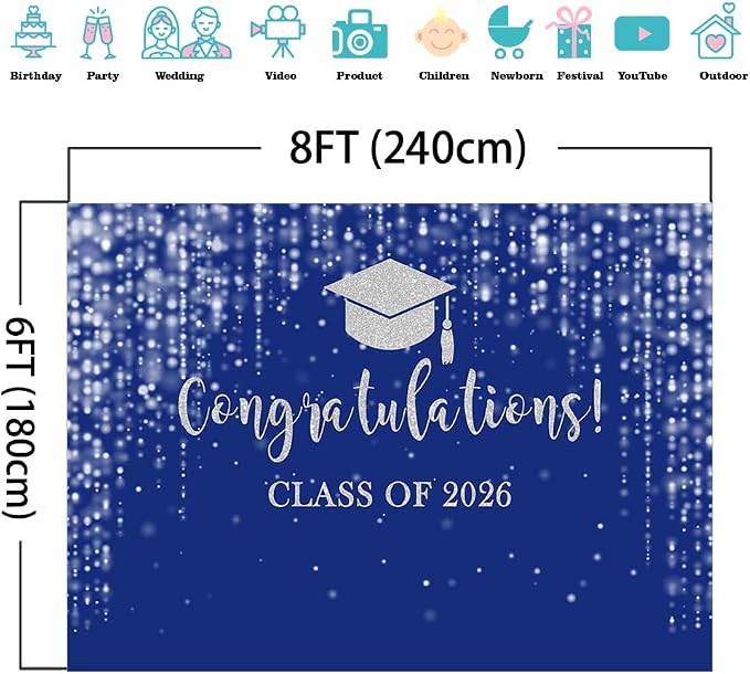 Mocsicka Class of 2026 Backdrop Blue Silver Glitter Bokeh Graduation Party - Image 4