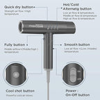 Hair Dryer, High-Speed Brushless Motor Ionic, Foldable and Portable 9Modes One Touch Switch with 1Diffuser, 1Nozzle and 1Concentrator Attachment for Home, Travel, Grey