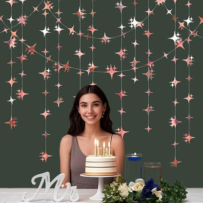 Glitter Rose Gold Four-Angle Star Paper Garland Banner Décor 40 Feet Twinkle - Image 6