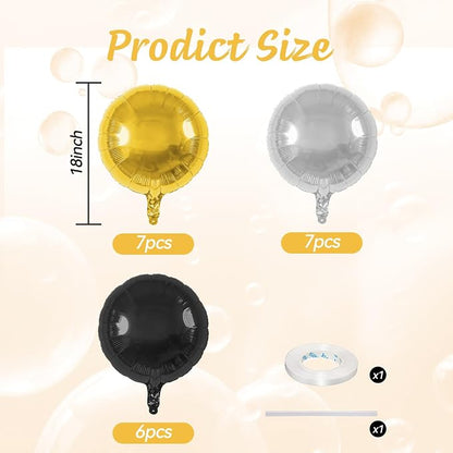 20PCS Gold Black Sliver Round Shaped Foil Balloons, 18 Inch Round Foil Balloon - Image 2