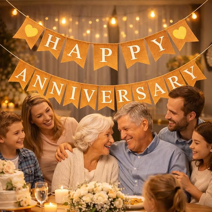"Happy Anniversary" Burlap Banner – Rustic “Happy” and “Anniversary” across - Image 3