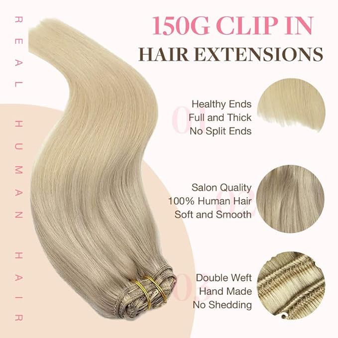 GOO GOO Remy Human Hair Clip in Extensions - Natural Real Hair, 22in 150g 9Pcs, Balayage Ash to Platinum Blonde