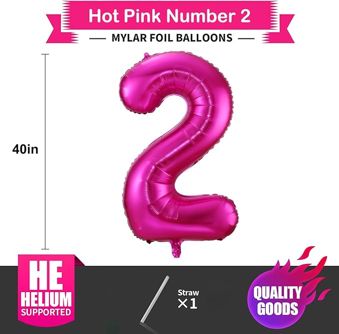 2 Balloon Number Hot Pink 2 Birthday Balloon 40 inch Foil Mylar Large 2 Balloon - Image 2