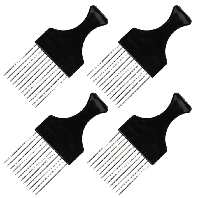 4 Packs Afro Comb Metal Pick, Hairdressing Detangle Wig Braid Hair Styling Tool- Black