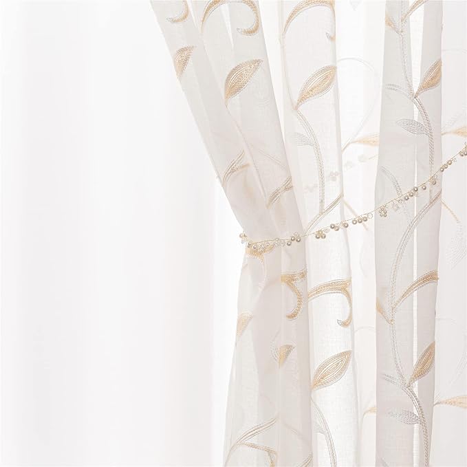 White Sheer Curtains Beige Embroidered Leaves 2 Panels 54Wx120L | Light - Image 4