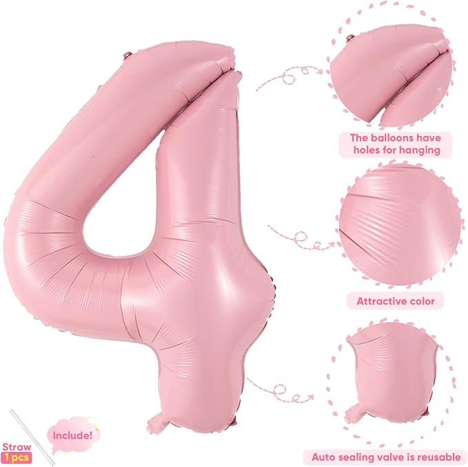 Light Pink 4 Balloon, 40 Inch Large Pastel Pink Foil Helium Number Balloons 0-9 - Image 3