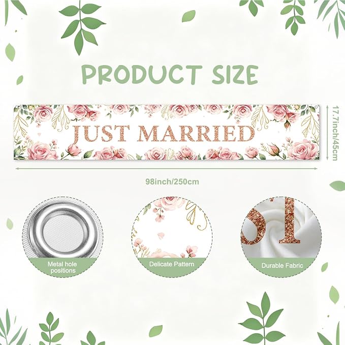 Just Married Wedding Decor Banner Decorations Party Hanging Sign | Reusable - Image 2