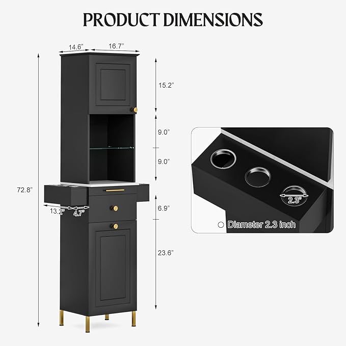 Paddie Barber Station Hair Salon Station, Salon Stations for Hair Stylist, Beauty Salon Spa Equipment w/Glass Shelf, 2 Storage Cabinet & Drawers, 6 Hair Dryer Holders for Hair Styling（Black）