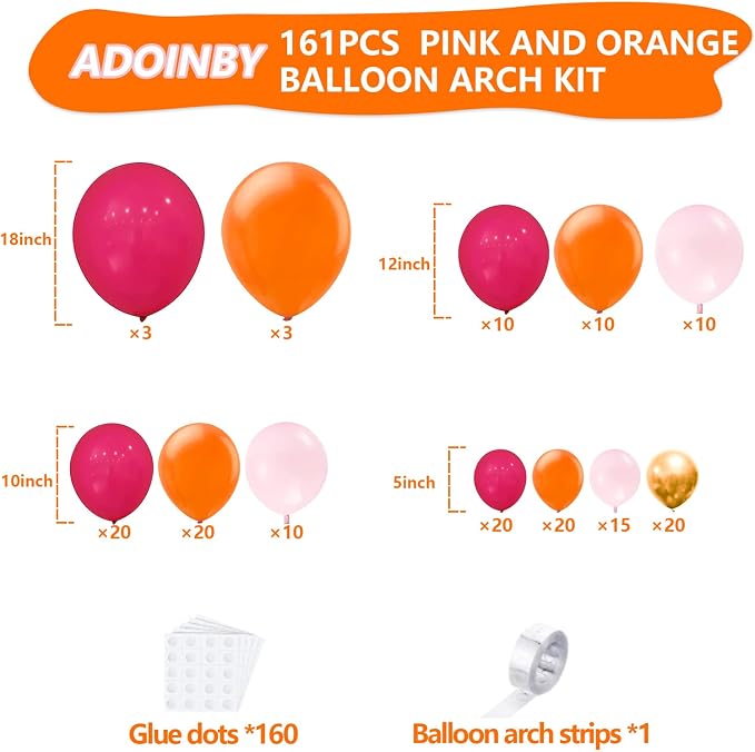 Pink and Orange Balloon Arch Kit, ADOINBY 161Pcs Hot Pink Orange Metallic Gold - Image 2