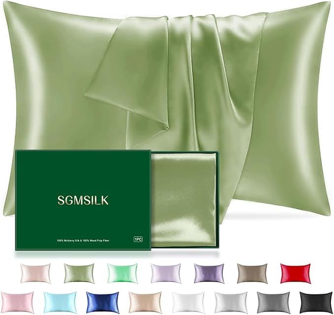 Mulberry Silk Pillowcase for Hair and Skin, SGMSILK 22 Momme Natural Silk Pillow Cases with Zipper, 6A Soft and Smooth Single Sided Pure Silk Pillow Cover (Matcha, Queen 20"x30")