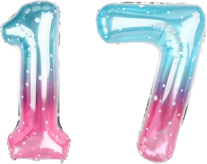 40 Inch Blue Pink Number 17 Balloon, Giant Ombre Foil 17th Birthday Decor | by Unknown