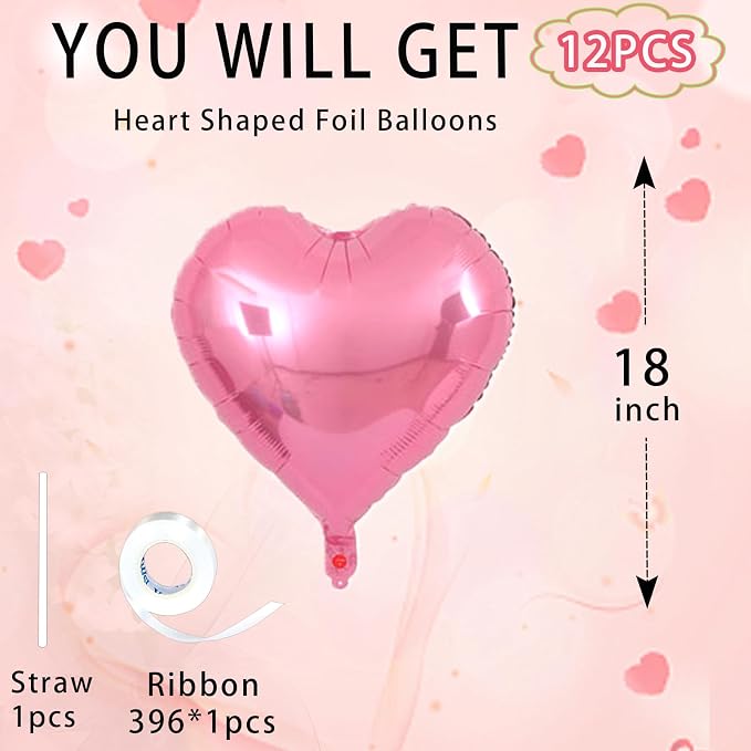 Pink Heart Balloons, 18inch Bright Pink Heart Shaped Foil Balloons 12Pcs Helium - Image 2