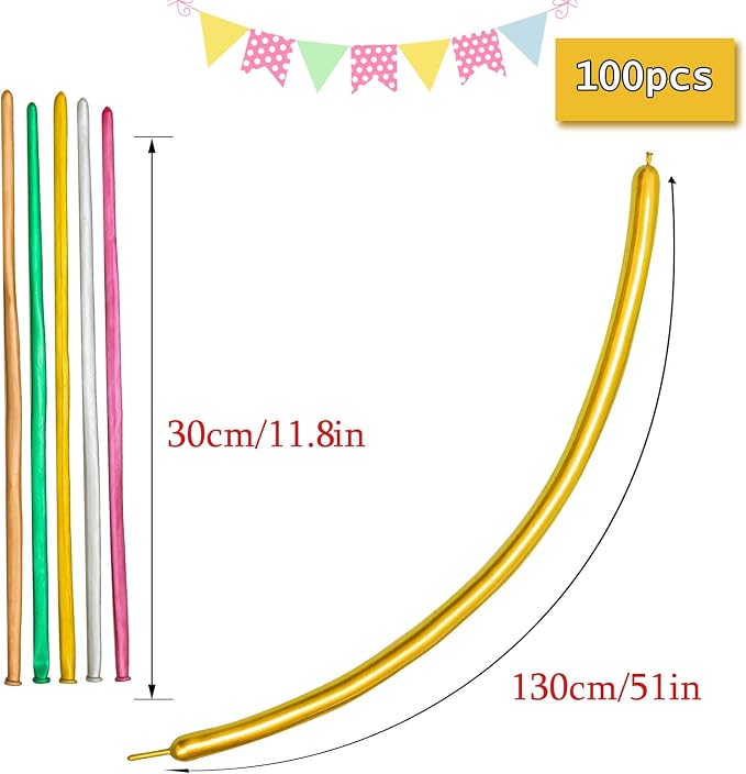 Metallic 260 Gold Long Balloons Chrome 100 Pack Twisting Animal Balloons - Image 2