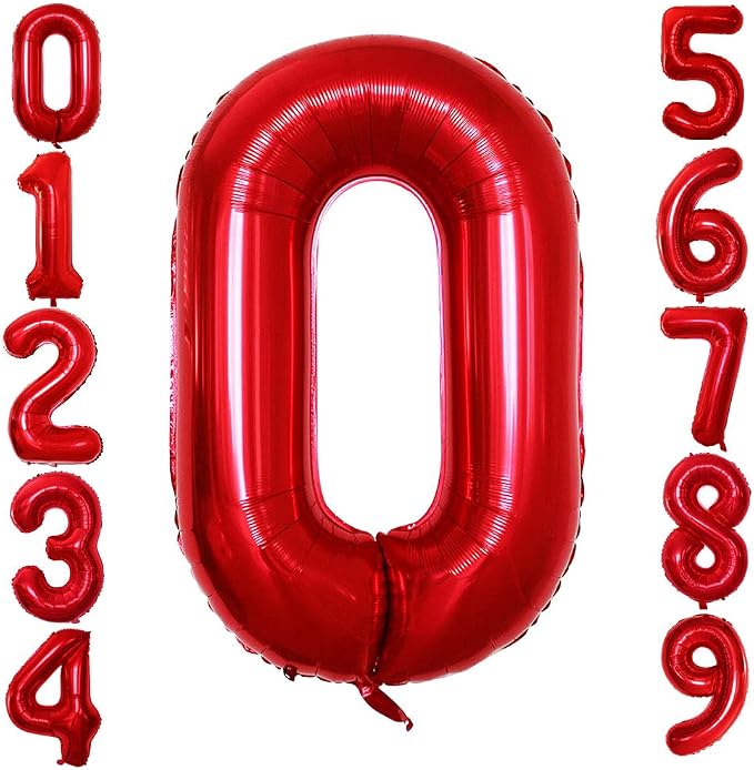 Red Foil Balloons Number 0 for 10th 20th 30th 40th 50th 60th 70th 80th 90th by GOER