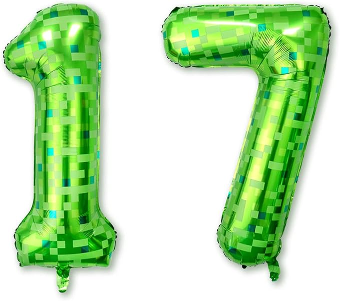 40 Inch Lime Green Pixel Number 17 Balloon, 17th Teen Gamer Party Supplies | by Unknown
