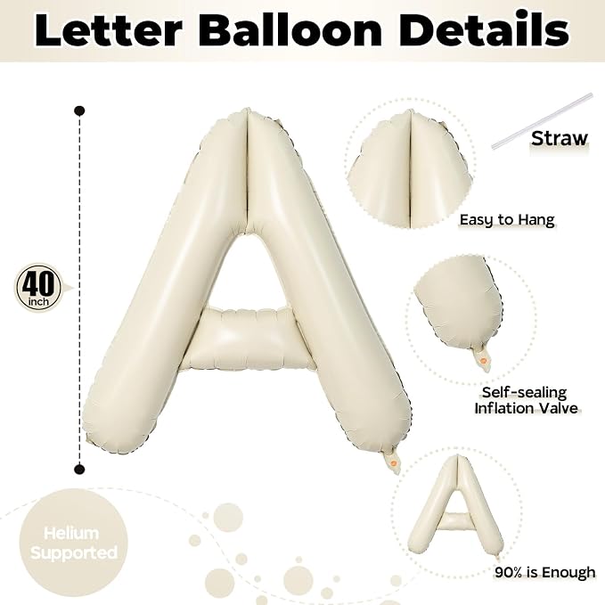 Cream A Letter Balloons, 40 Inch Alphabet Foil Name Beige, Large Self Inflating - Image 2