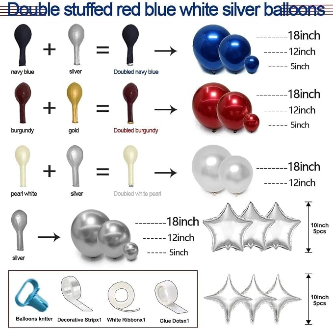 Red White Blue Balloon Arch Double Stuffed Burgundy Navy Blue Balloon Kit | - Image 3