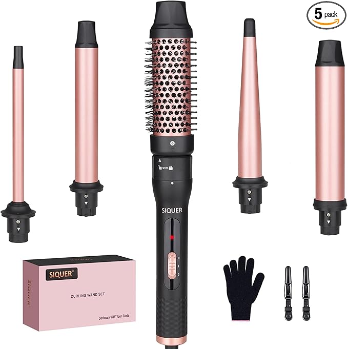5 in 1 Curling Wand Set - SIQUER Curling Iron Set 1/2 to 1 1/4 Inch Beach Waves Wands 1 1/2 Inch Thermal Brush Fast Heating Up Hair Curlers for Women with Protective Gloves Clamps (Rose, Black)