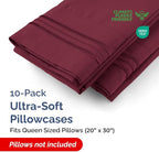 Queen Pillow Cases Set of 10 - Ultra Soft Hotel Quality Pillowcase Covers - Comfy, Cozy & Wrinkle Free - Shrink, Stain and Fade Resistant - Machine Washable Pillow Protectors - 10 Pcs Set - Burgundy