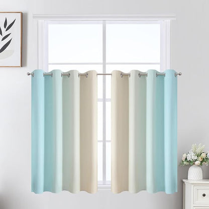 Beige and Aqua Ombre Short Blackout Cafe Curtains 36 Inch Length, Thermal by ESTELARTEXTILER