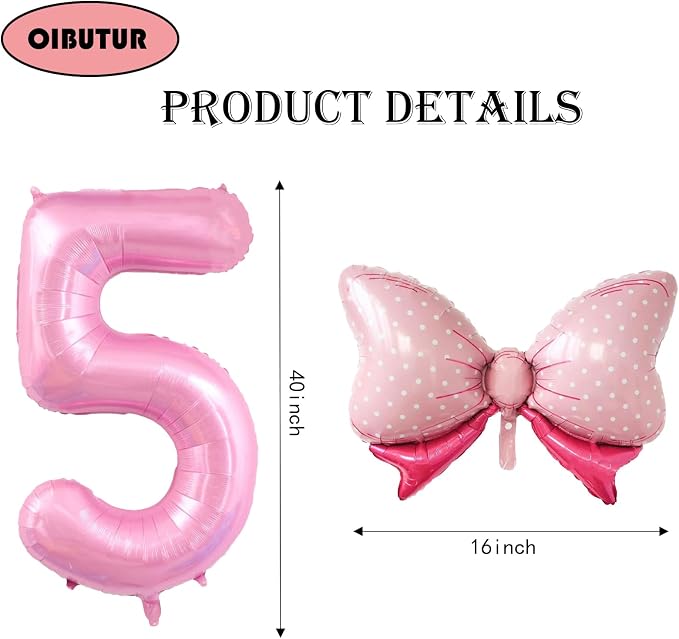 40 inch Number 5 Balloon with Bow Pink Happy Birthday Jumbo Number Balloon - Image 2