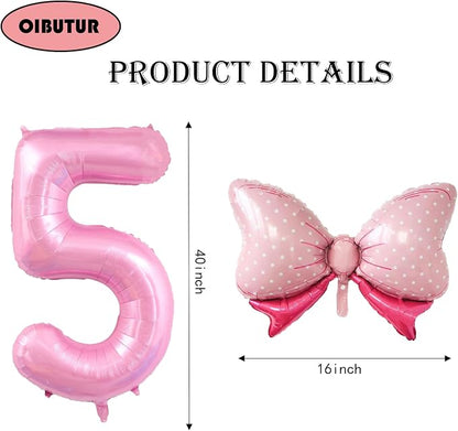 40 inch Number 5 Balloon with Bow Pink Happy Birthday Jumbo Number Balloon - Image 2