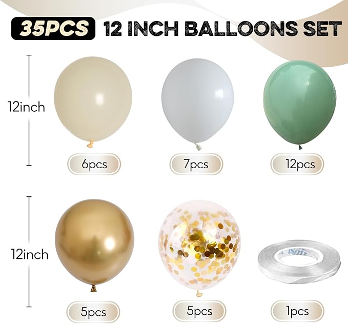 Sage Green Gold Balloons, 12 Inch Green White Metallic Gold Balloons, Olive - Image 2
